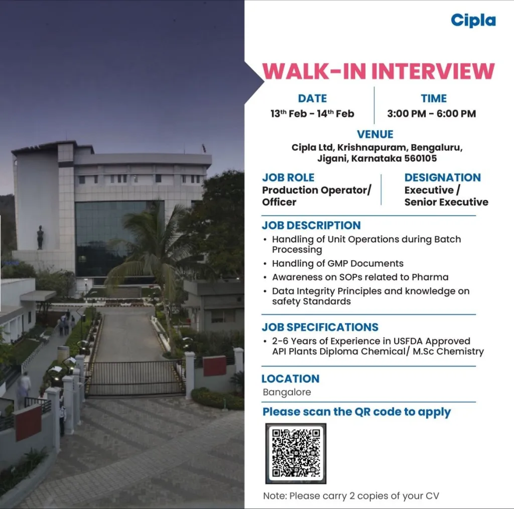 Cipla Limited - Walk-In Interviews on 13th - 14th Feb 2024